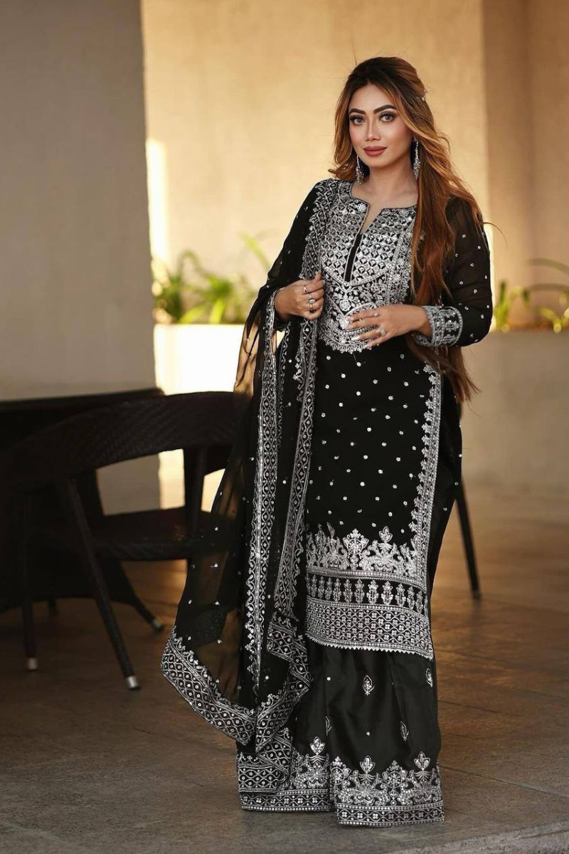 Black Heavy Faux Georgette Kurta Dupatta Sharara Suit Set