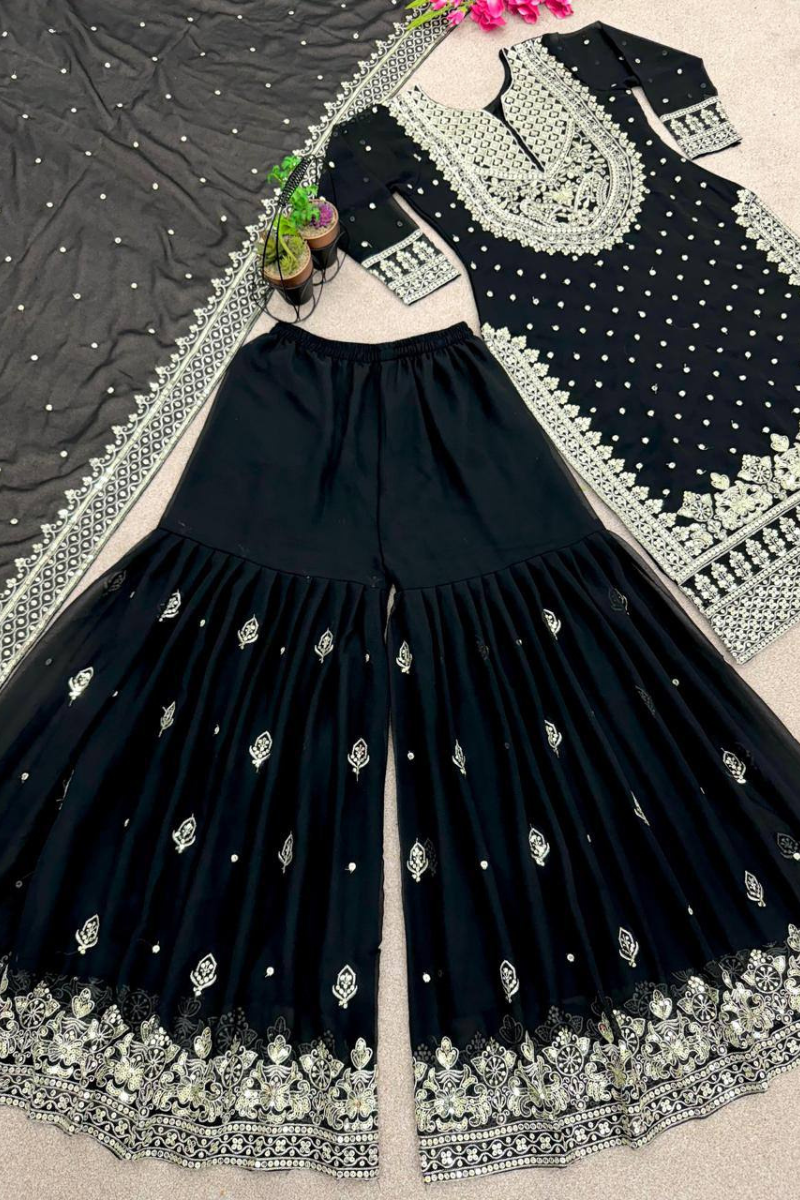Black Heavy Faux Georgette Kurta Dupatta Sharara Suit Set
