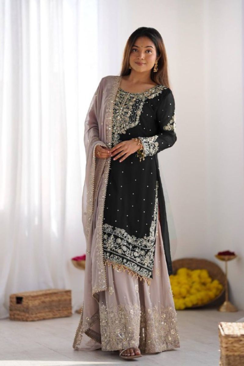Heavy Faux Black Georgette Sharara Suit Set with Dupatta