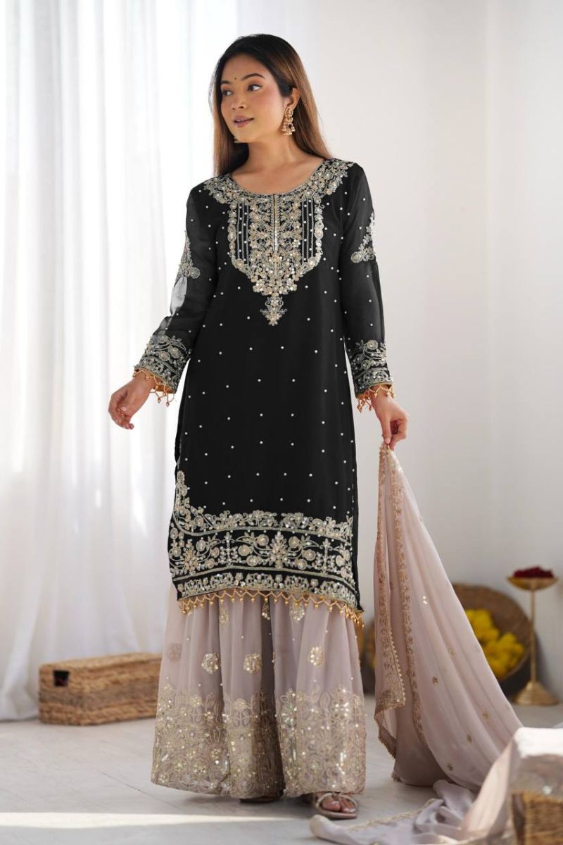 Heavy Faux Black Georgette Sharara Suit Set with Dupatta