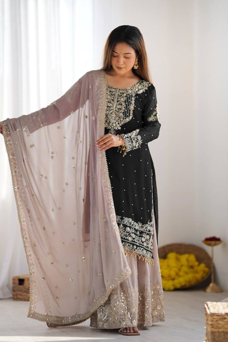 Heavy Faux Black Georgette Sharara Suit Set with Dupatta