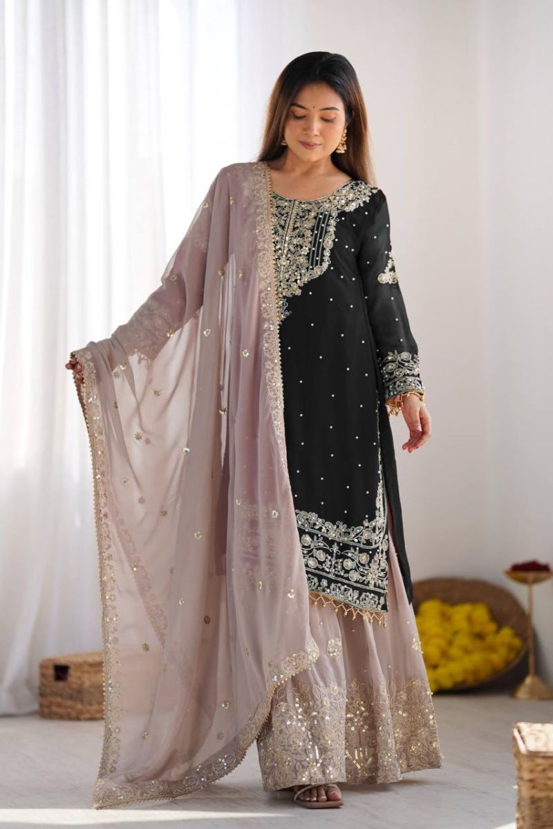 Heavy Faux Black Georgette Sharara Suit Set with Dupatta