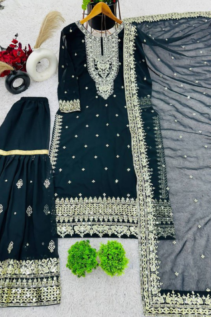 Black Sharara Dupatta Set in Heavy Faux Georgette.