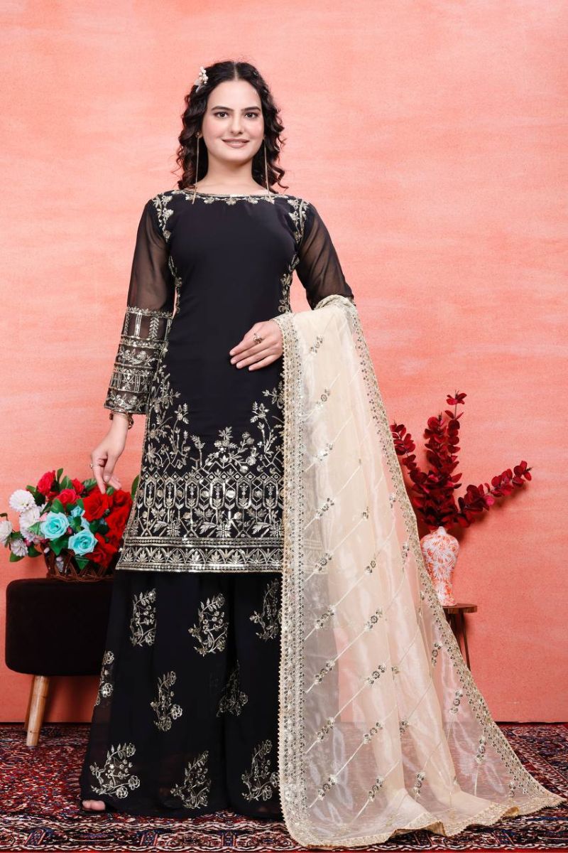 Heavy Faux Black Embroidered Georgette Sharara Dupatta Suit Set