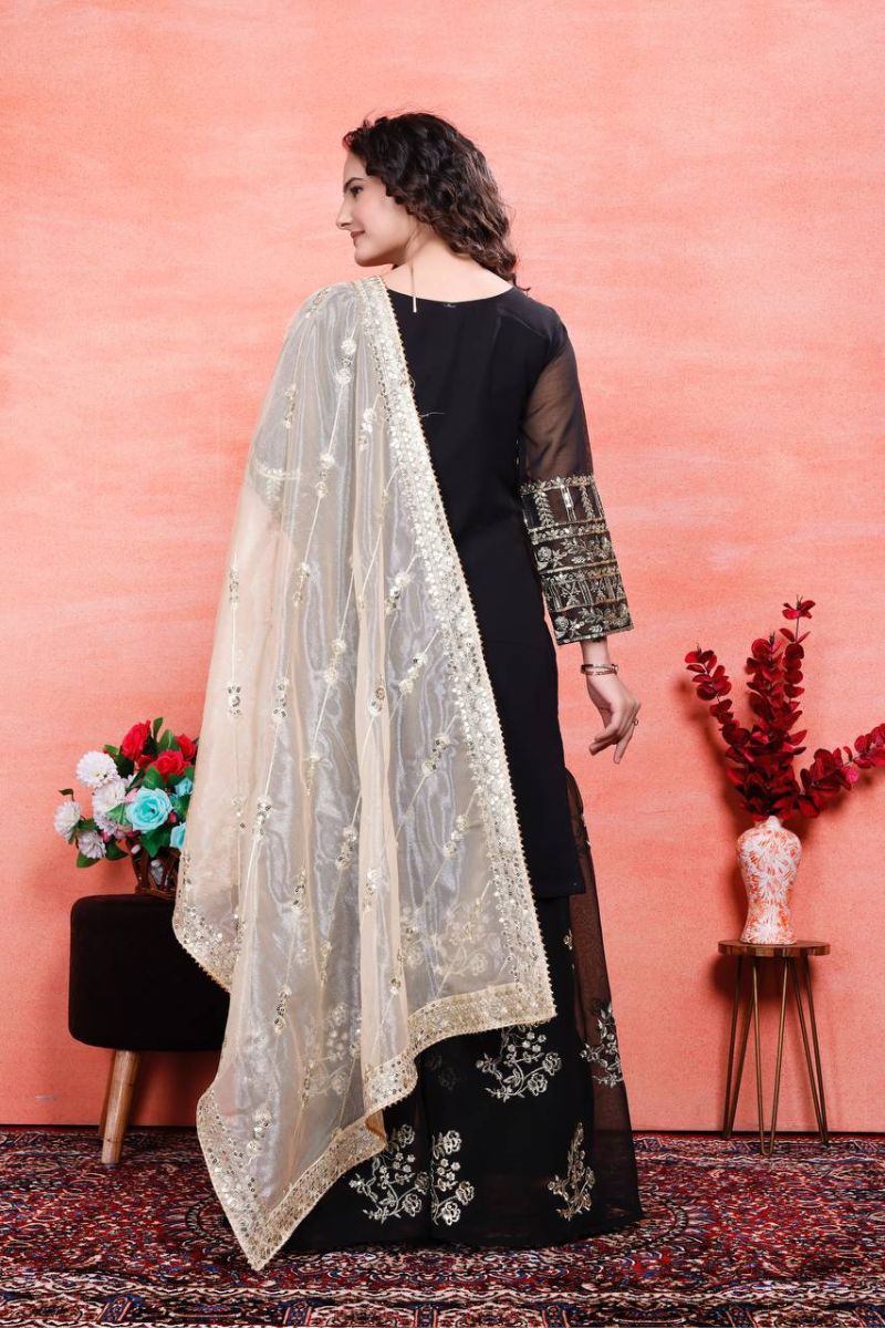 Heavy Faux Black Embroidered Georgette Sharara Dupatta Suit Set