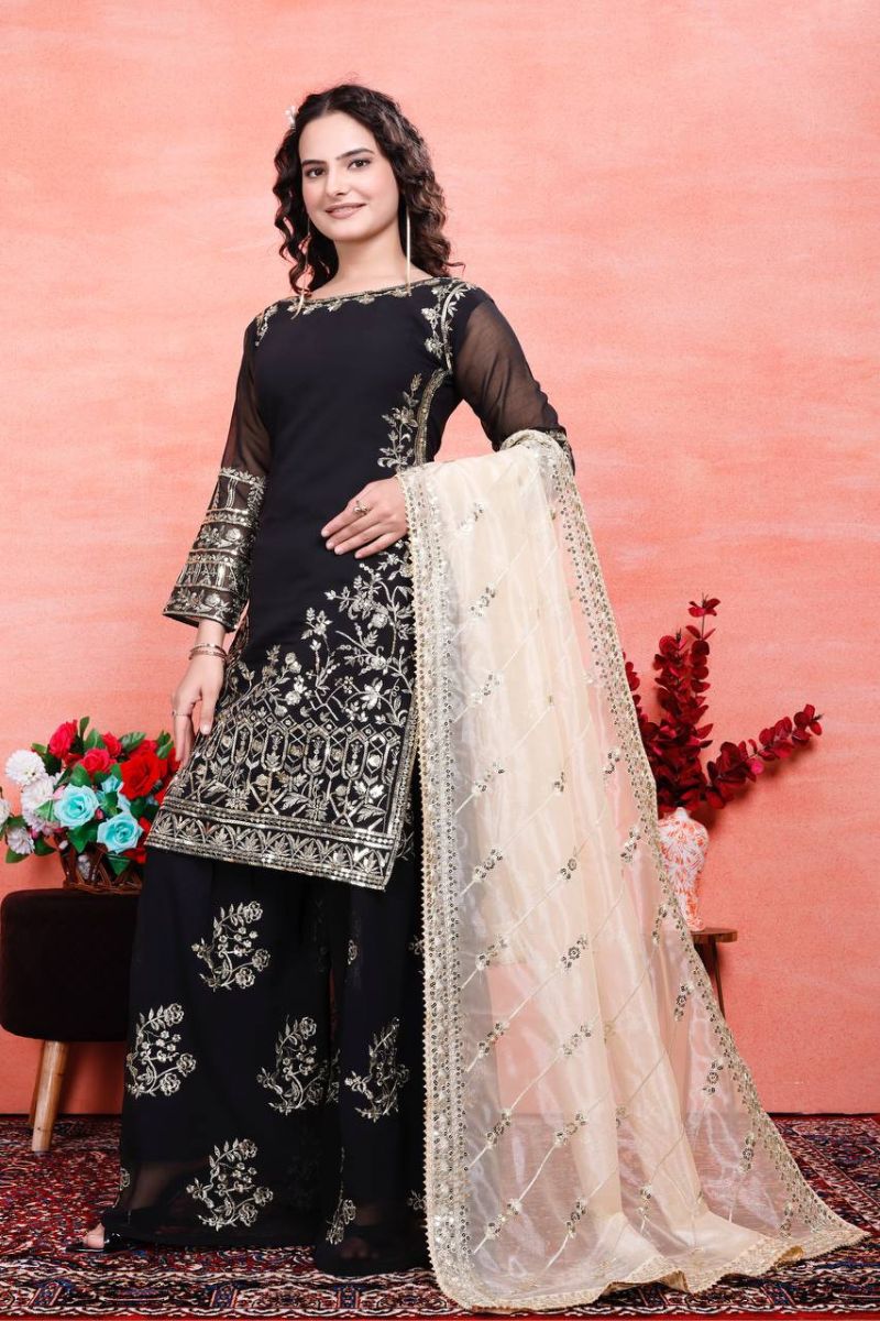 Heavy Faux Black Embroidered Georgette Sharara Dupatta Suit Set