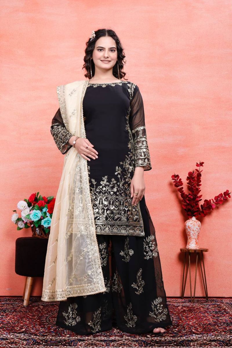 Heavy Faux Black Embroidered Georgette Sharara Dupatta Suit Set