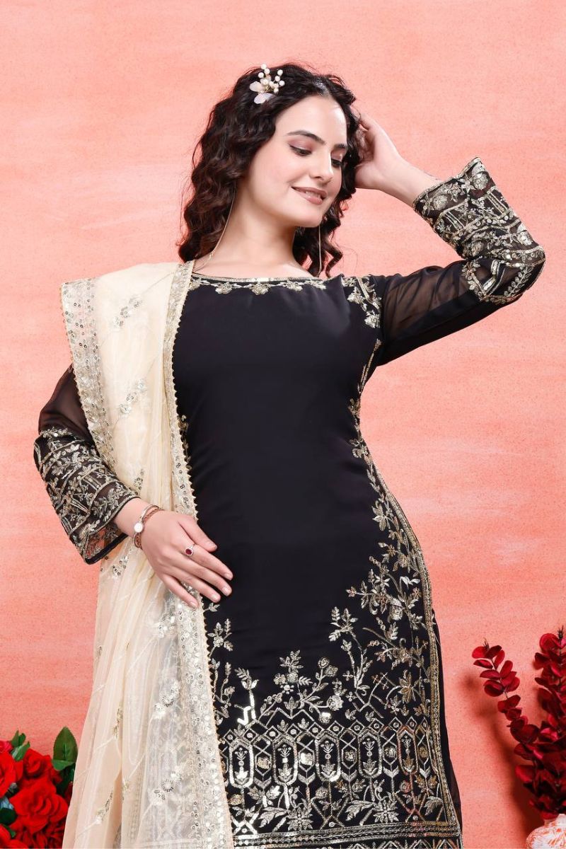 Heavy Faux Black Embroidered Georgette Sharara Dupatta Suit Set