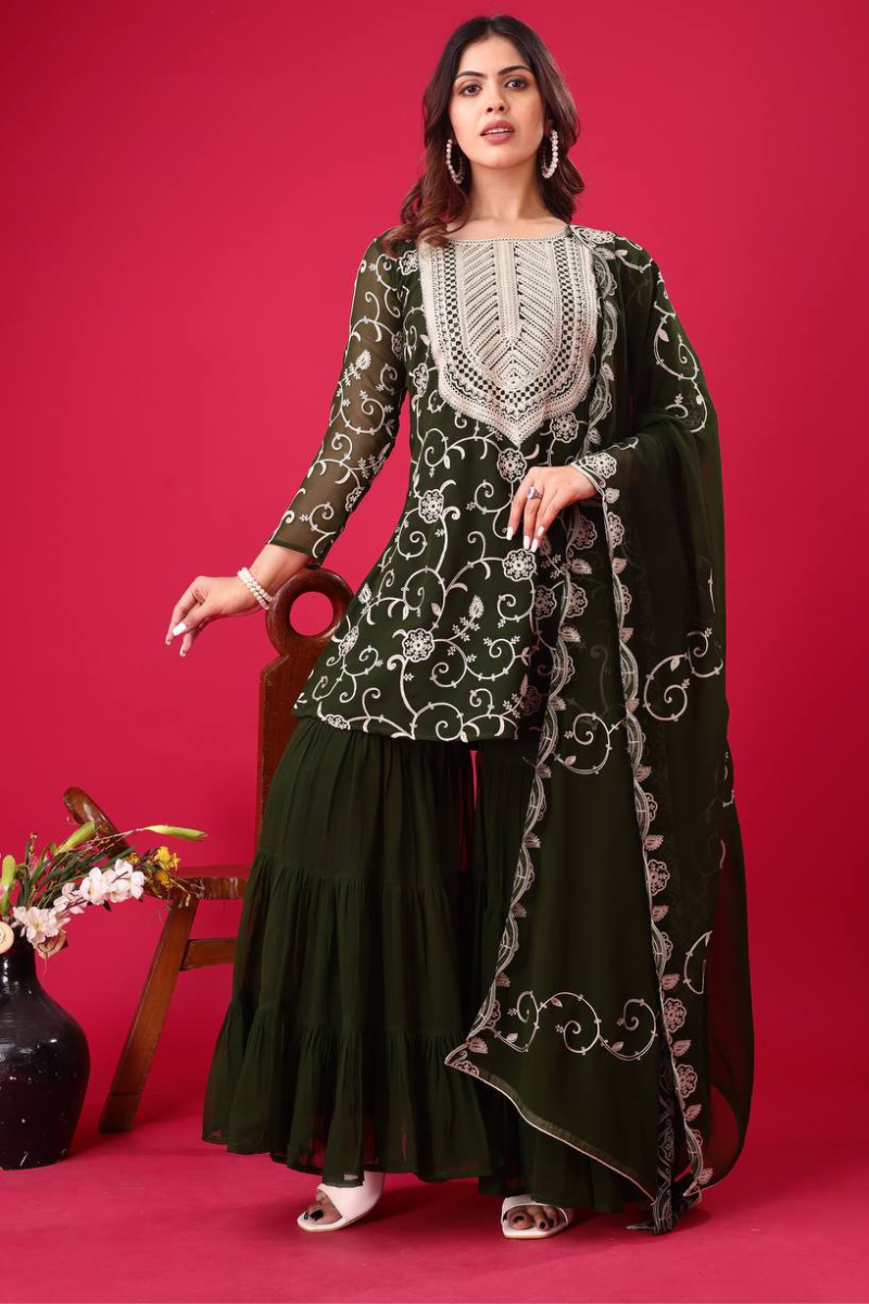 Three-piece set of violet heavy chinon silk kurti dupatta sharara suits
