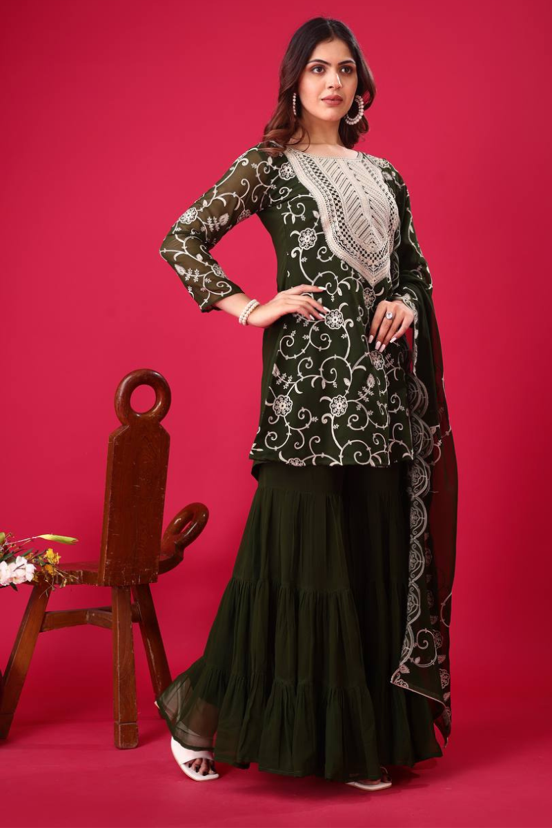 Three-piece set of violet heavy chinon silk kurti dupatta sharara suits