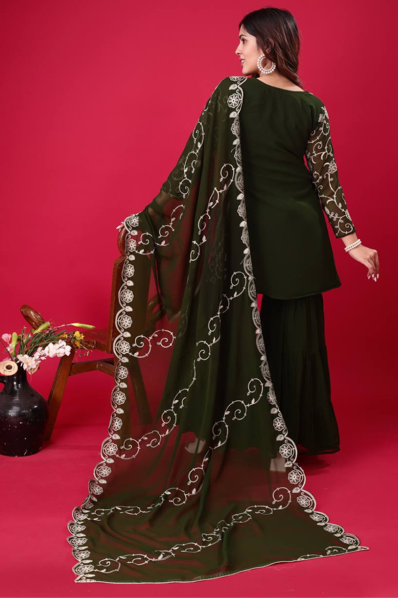 Three-piece set of violet heavy chinon silk kurti dupatta sharara suits