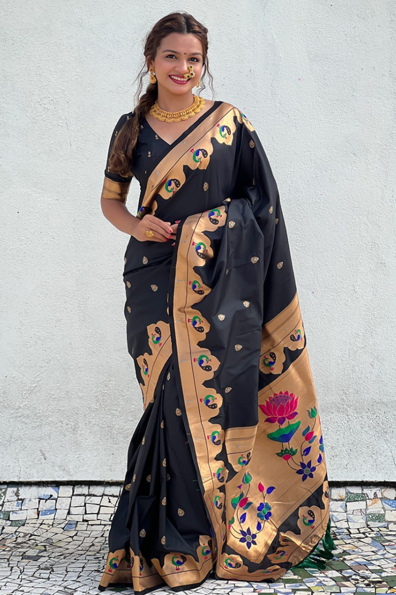 Paithani sarees in black with zari patterns throughout