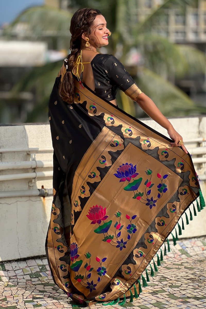 Paithani sarees in black with zari patterns throughout