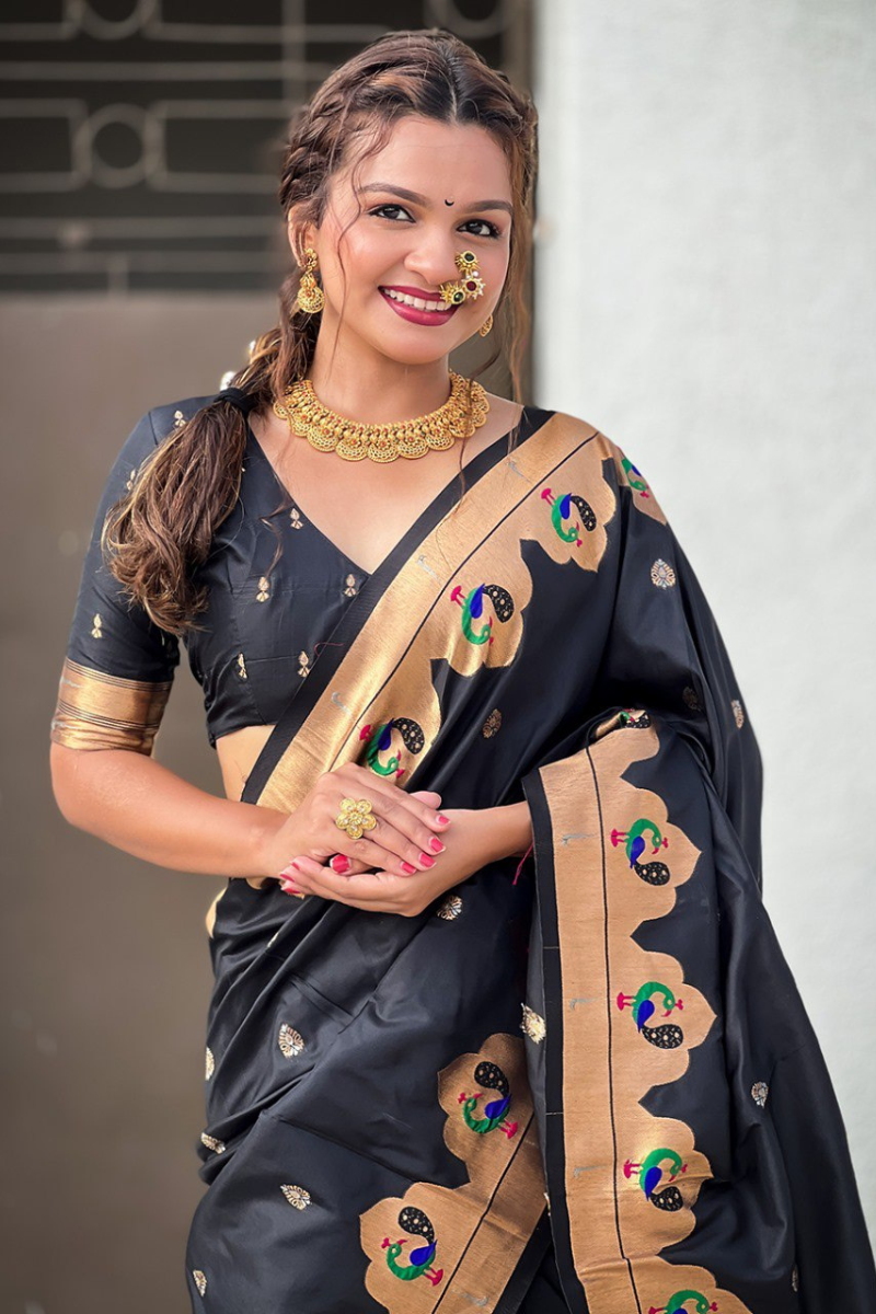 Paithani sarees in black with zari patterns throughout