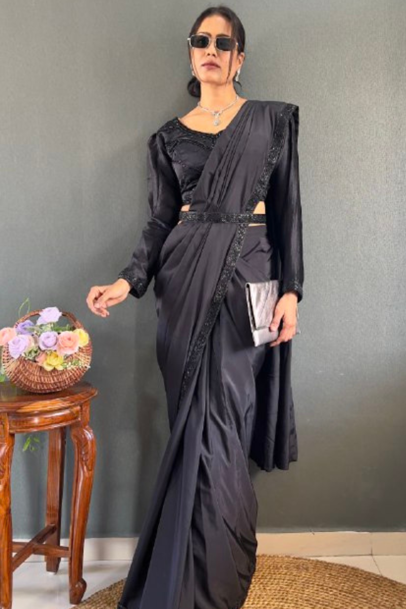Premium Natural Silk in Black with Designer Handiwork.