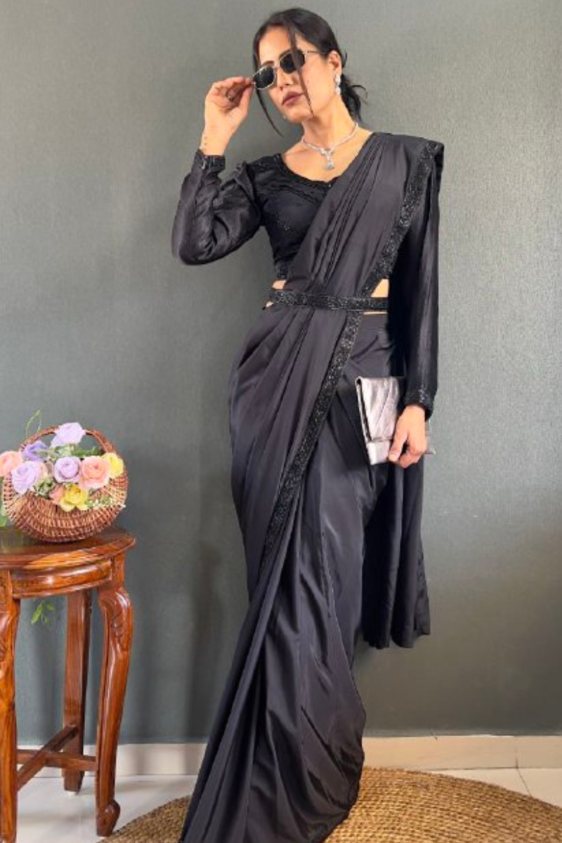 Premium Natural Silk in Black with Designer Handiwork.