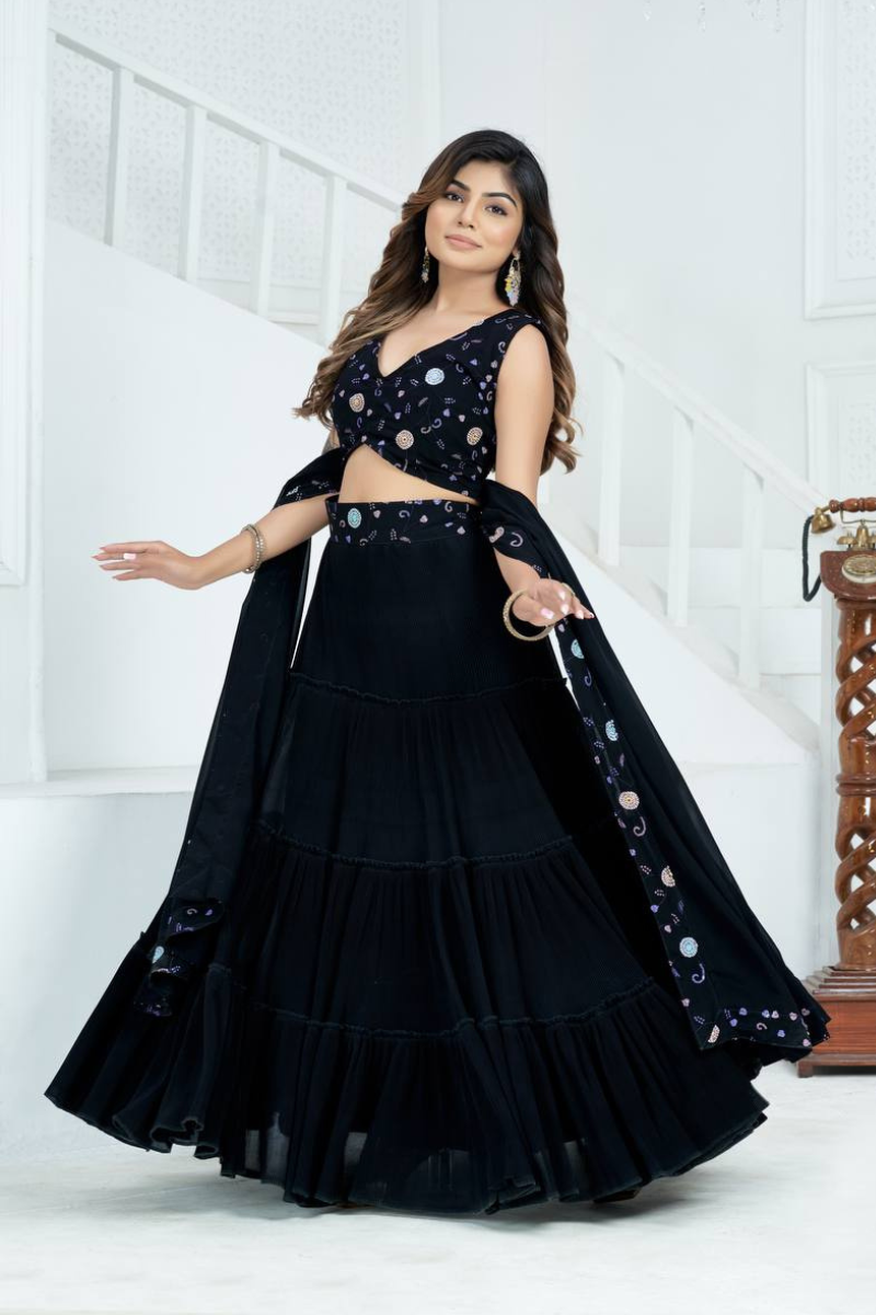 Black Pure Faux Georgeet  With Crease Lehanga Choli Set