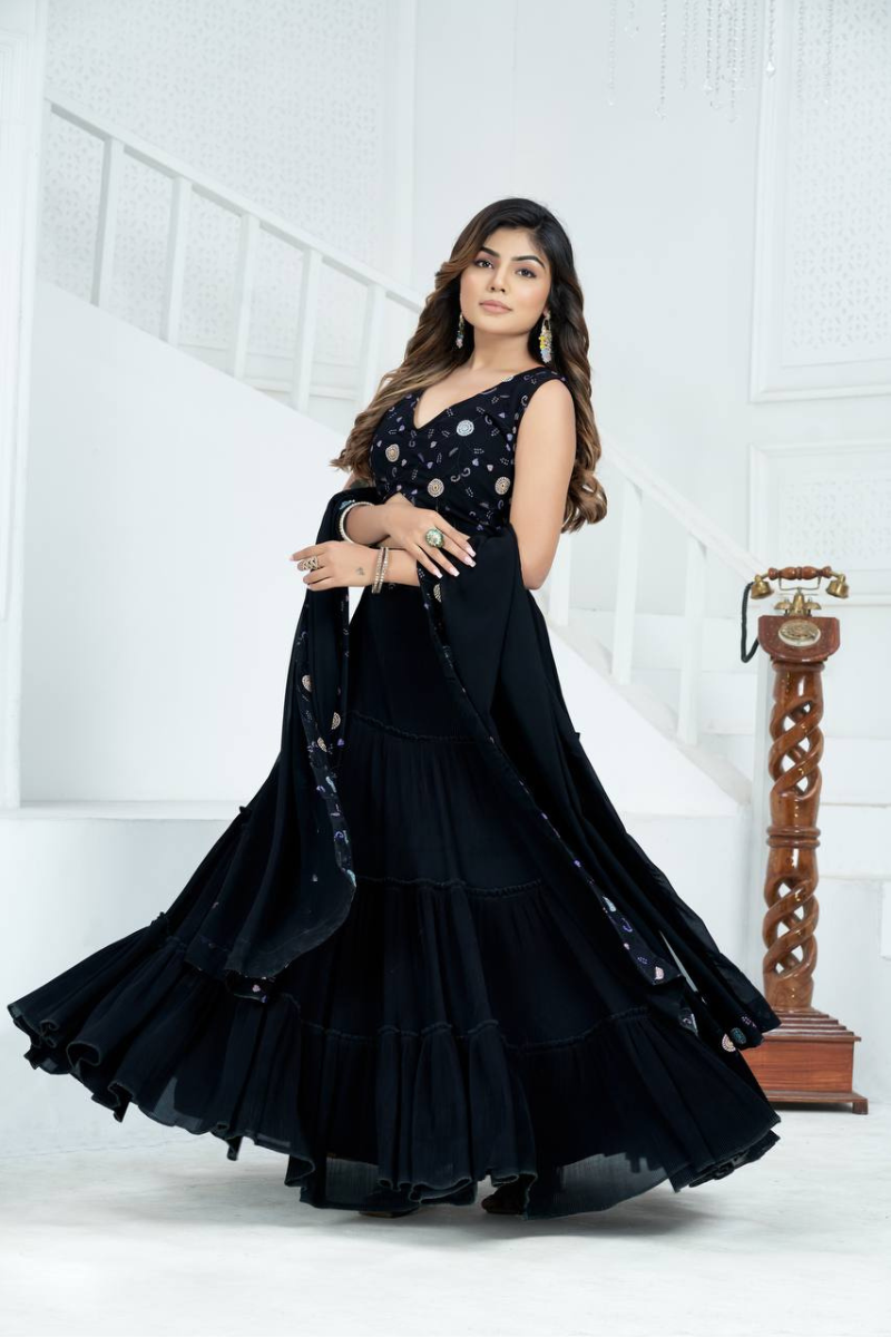 Black Pure Faux Georgeet  With Crease Lehanga Choli Set