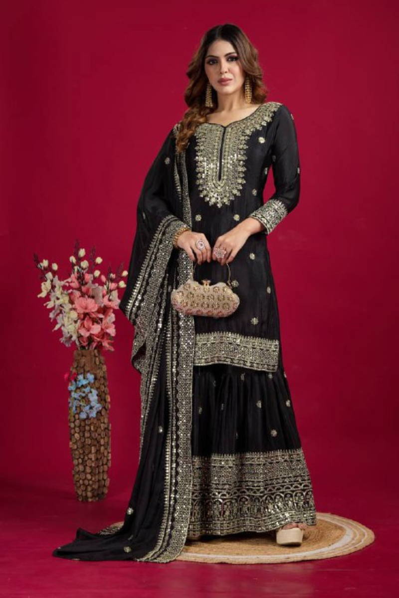 Sharara Dupatta Set with Black Pure Heavy Chinnon Embroidery