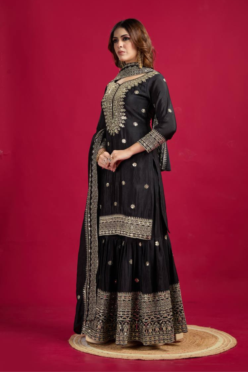 Sharara Dupatta Set with Black Pure Heavy Chinnon Embroidery