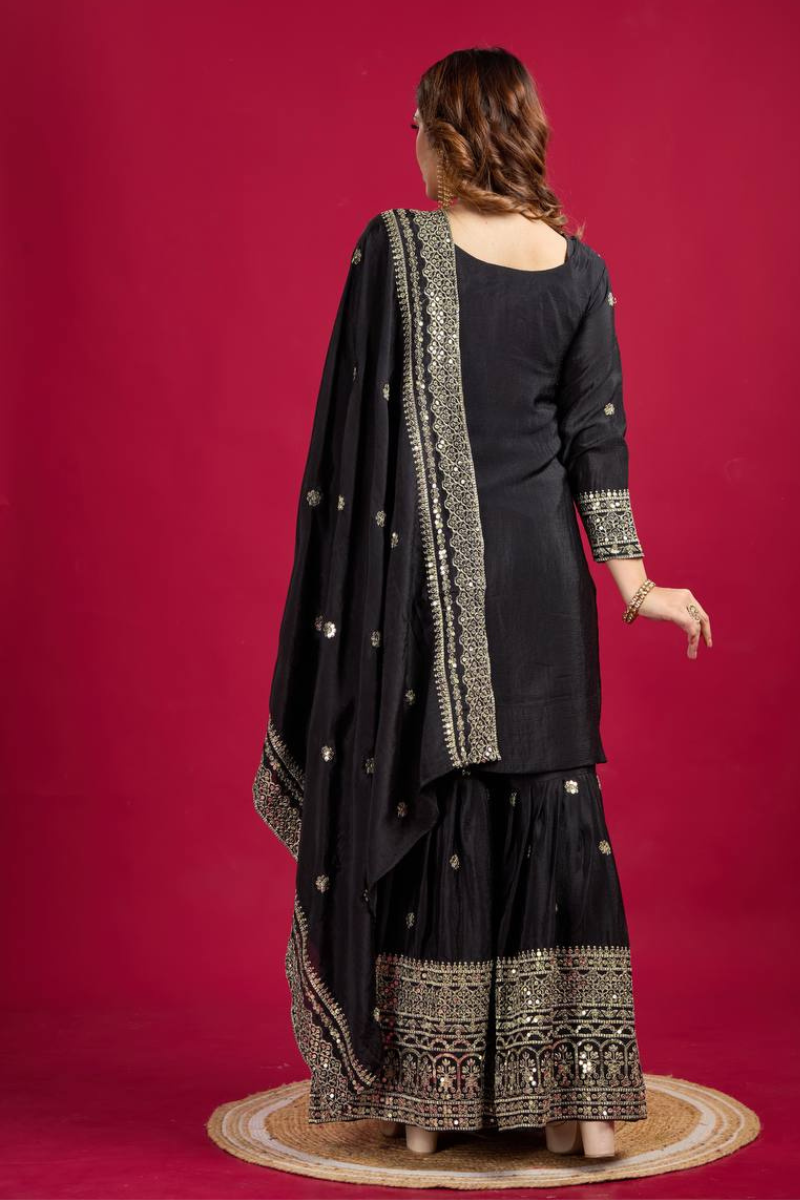 Sharara Dupatta Set with Black Pure Heavy Chinnon Embroidery