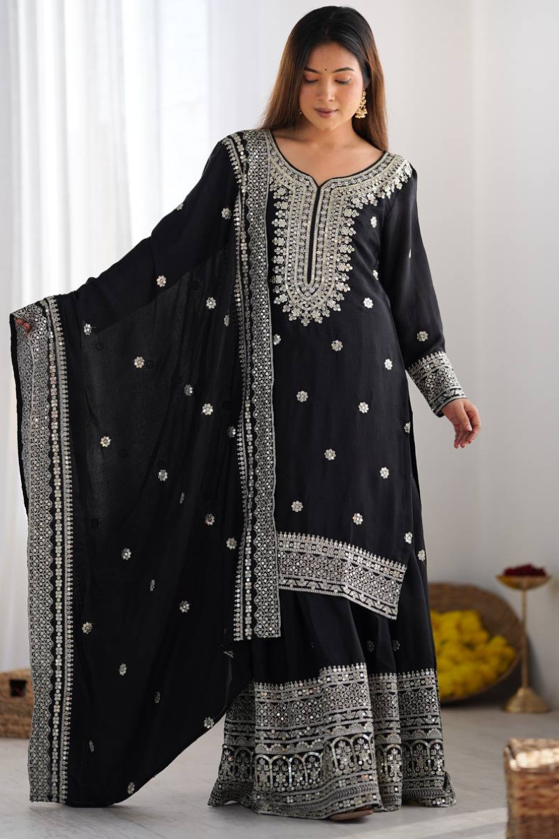 Kurta Dupatta Sharara Set in Black Pure Heavy Chinnon Silk.