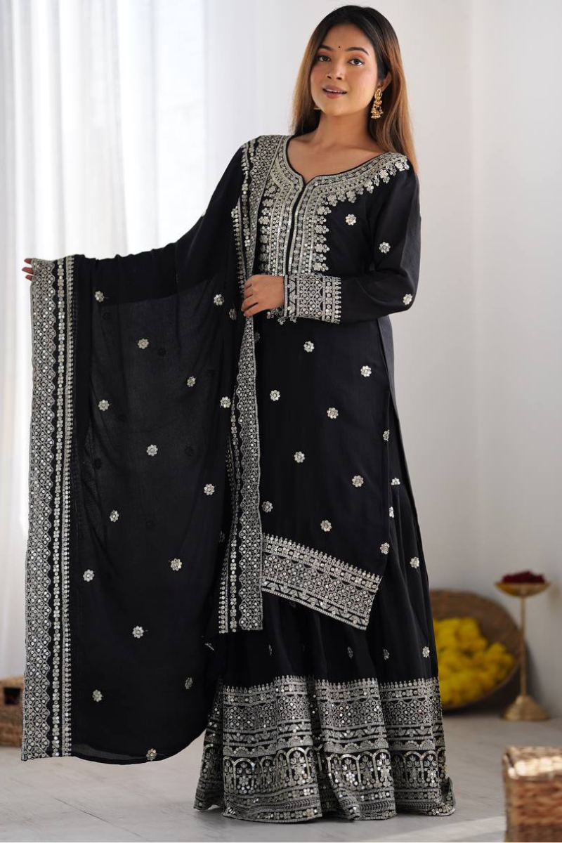 Kurta Dupatta Sharara Set in Black Pure Heavy Chinnon Silk.