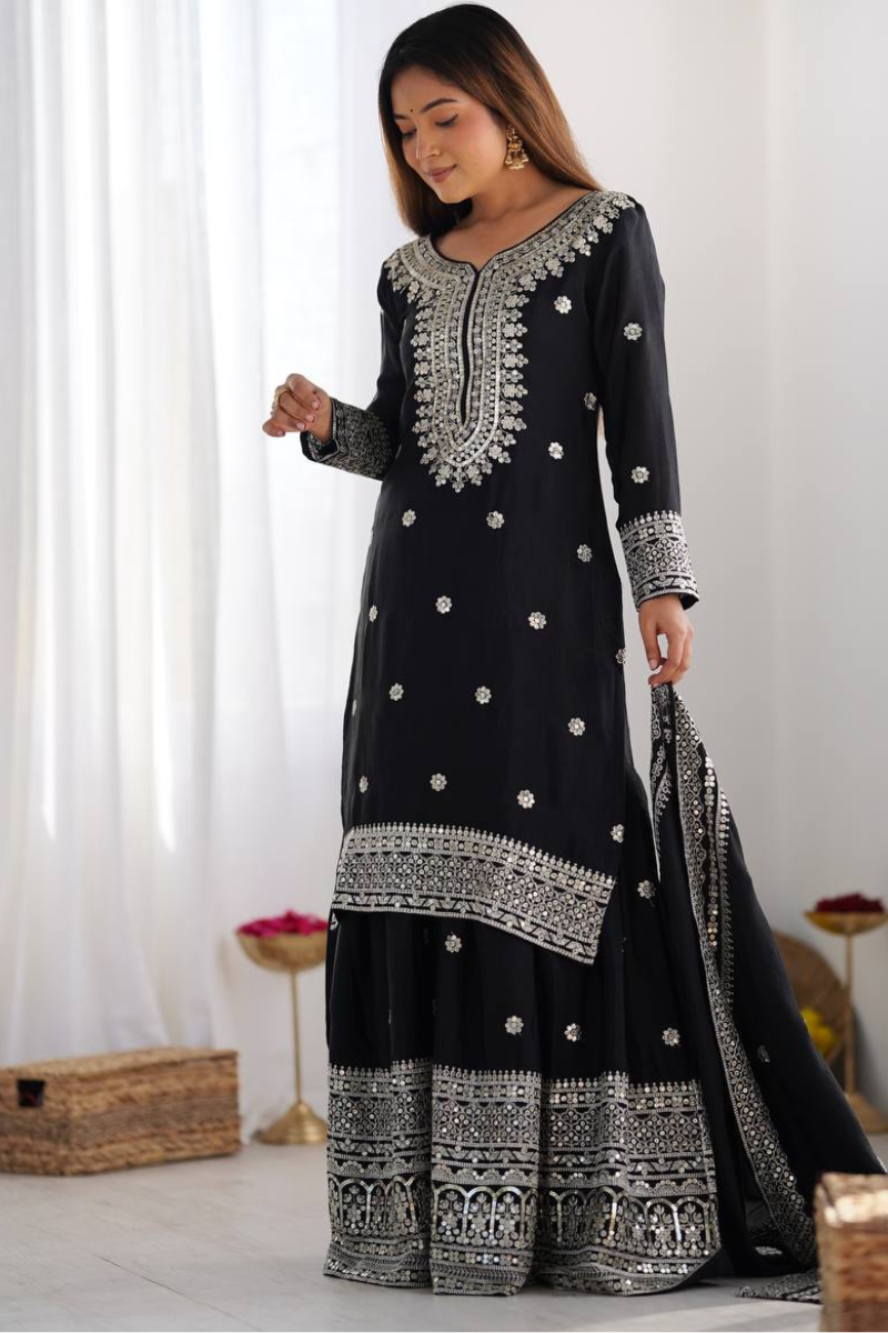 Kurta Dupatta Sharara Set in Black Pure Heavy Chinnon Silk.