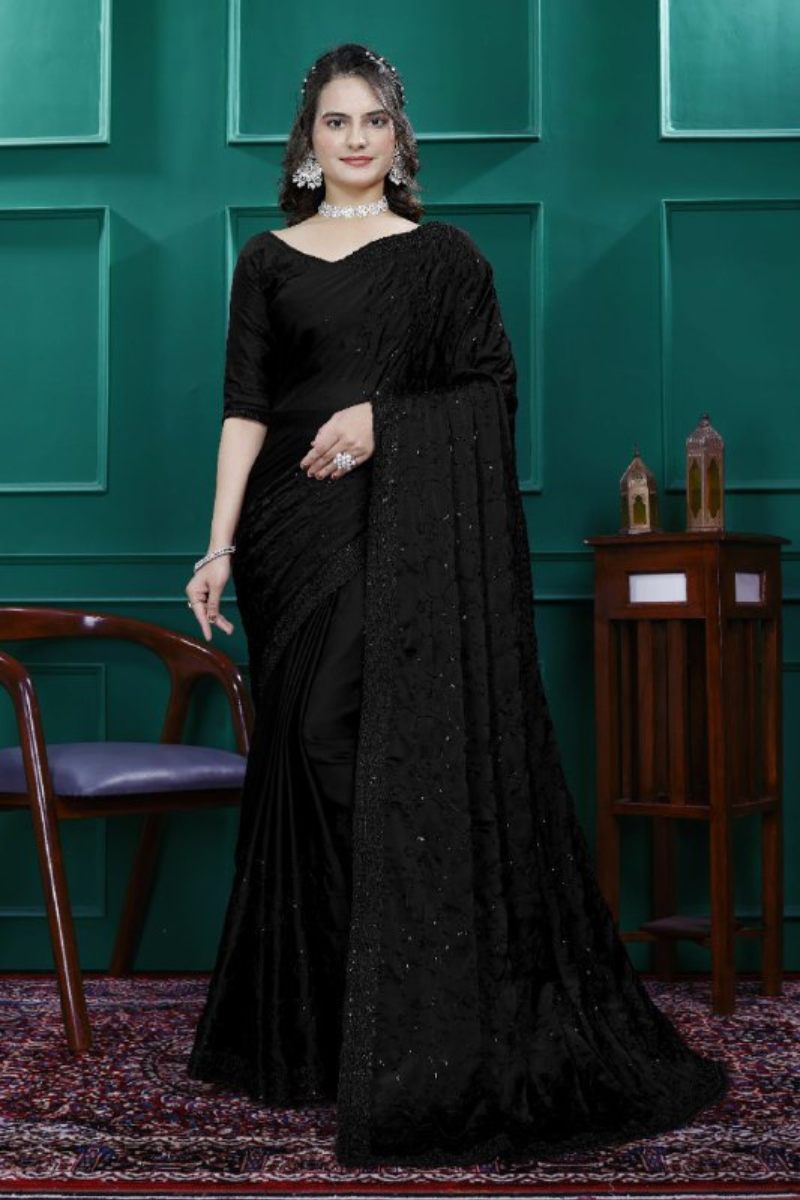 Multi-sequence and cut embroidery on a black rangoli silk saree