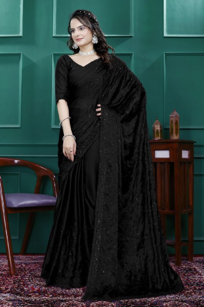 Multi-sequence and cut embroidery on a black rangoli silk saree