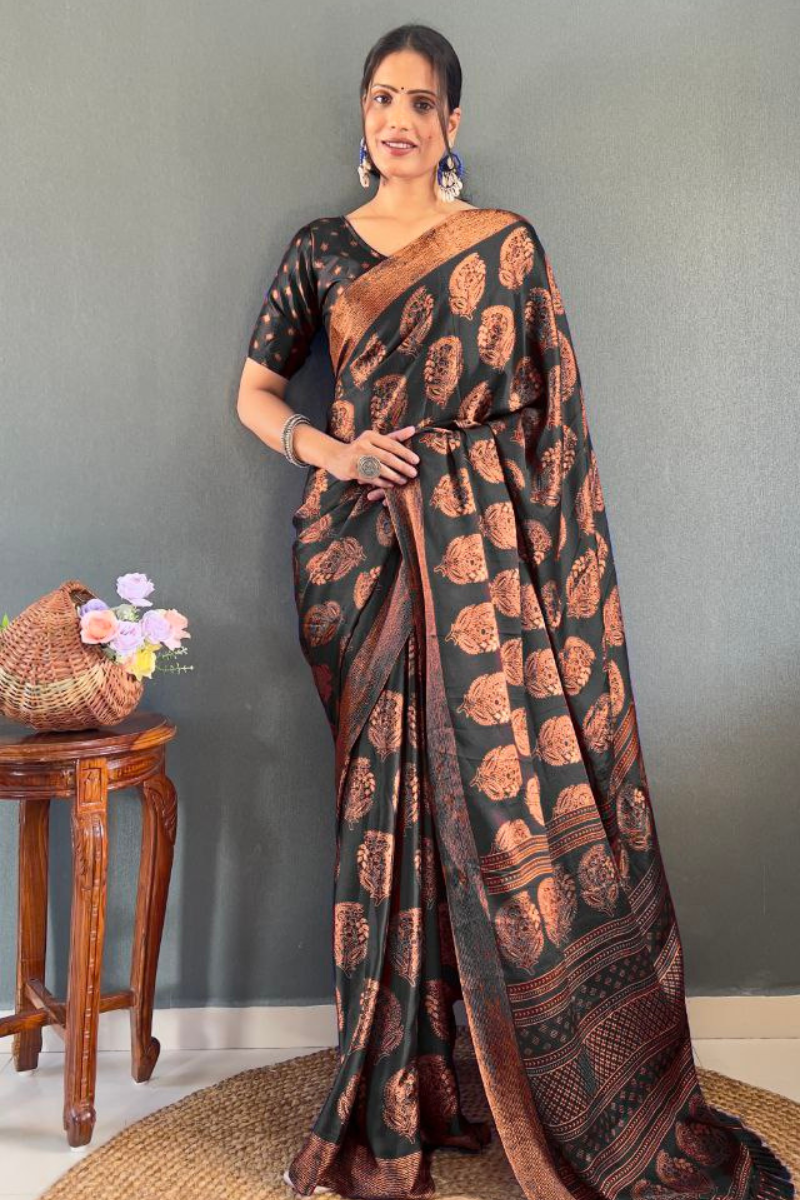 Patchwork Banarasi Saree in Black Soft Moss Silk
