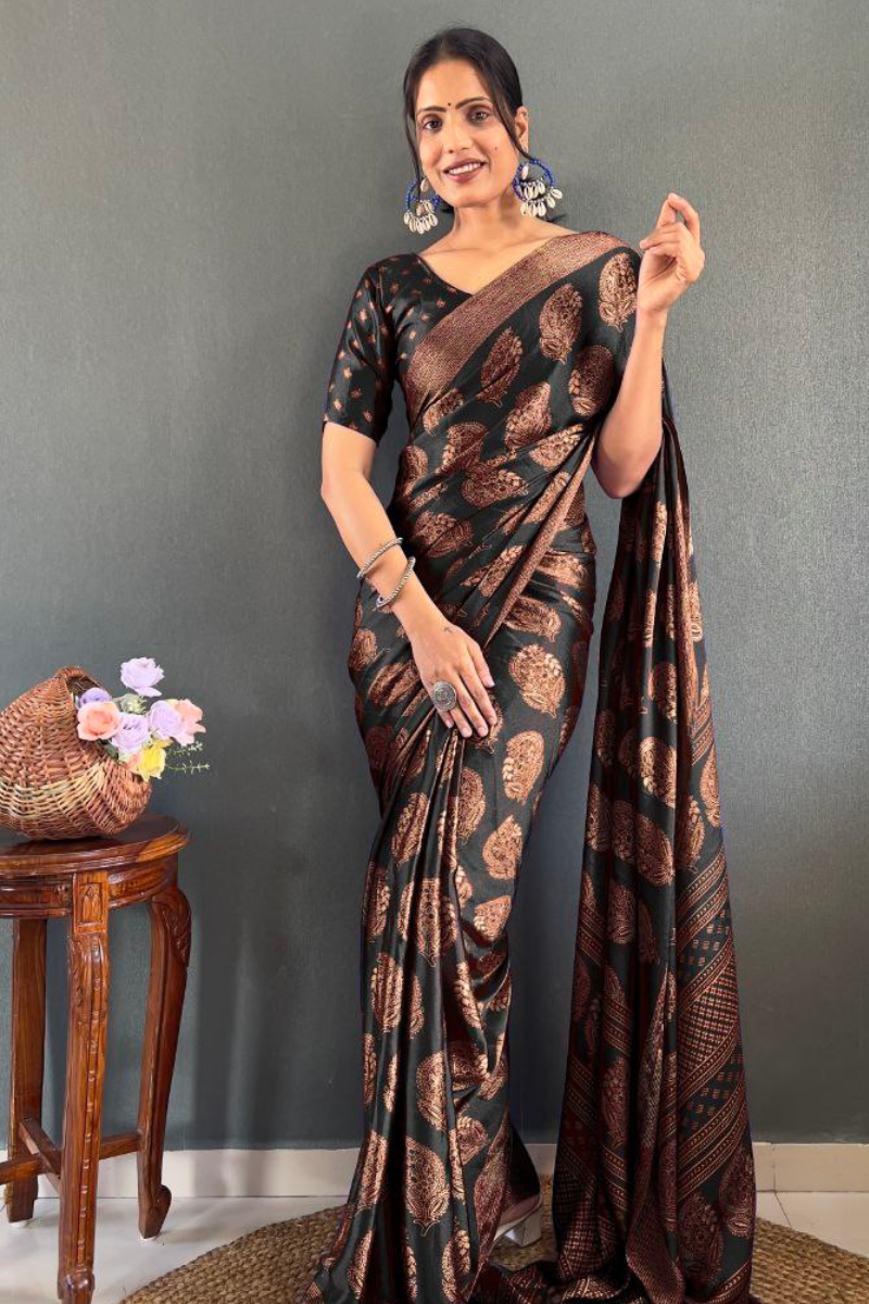 Patchwork Banarasi Saree in Black Soft Moss Silk