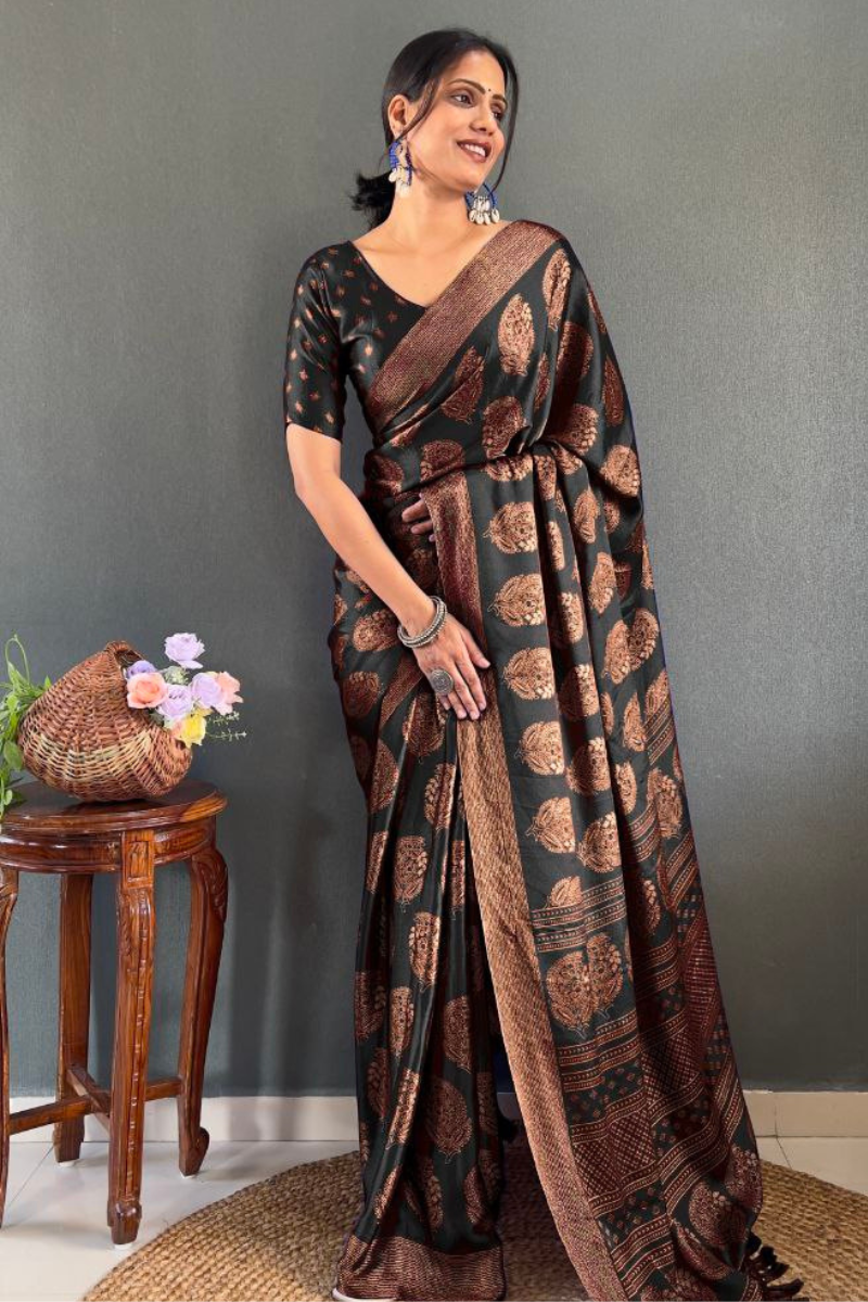 Patchwork Banarasi Saree in Black Soft Moss Silk