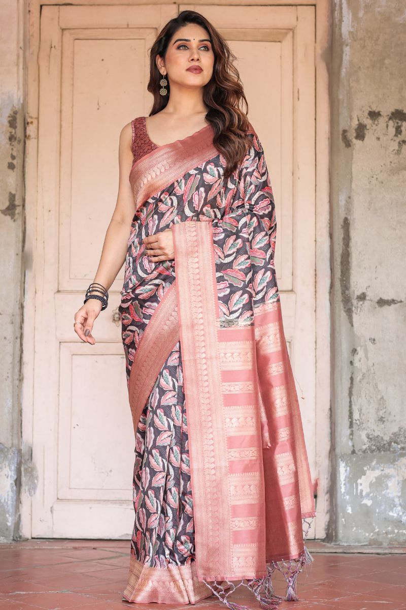 Rich Rust and Red Banarasi Digitally Printed Saree in Black