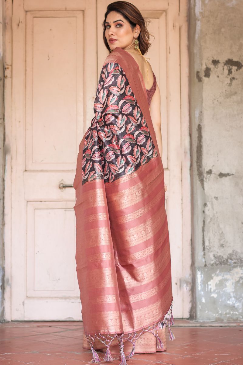 Rich Rust and Red Banarasi Digitally Printed Saree in Black