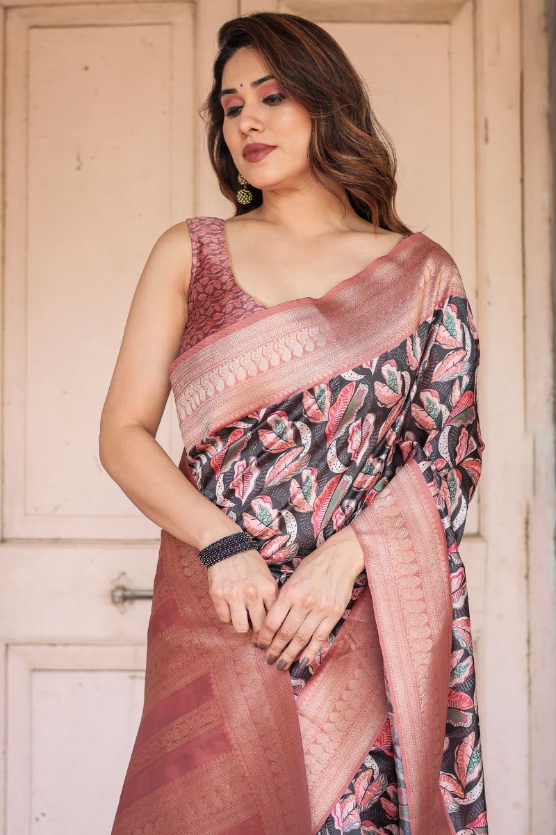 Rich Rust and Red Banarasi Digitally Printed Saree in Black