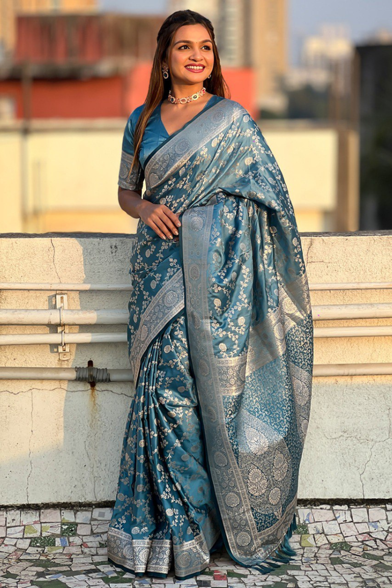 Antique Silk Sarees in Blue Banarasi with Jaal