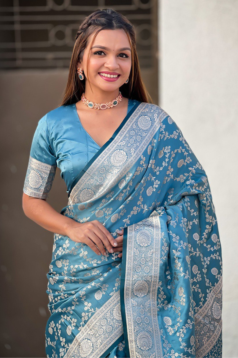 Antique Silk Sarees in Blue Banarasi with Jaal