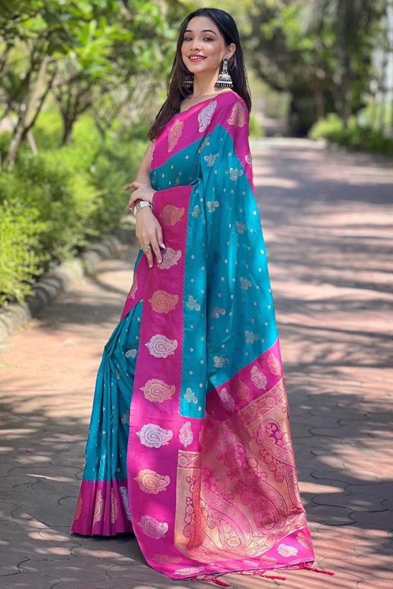 Blue Soft Silk Paithani Saree with rose gold motifs
