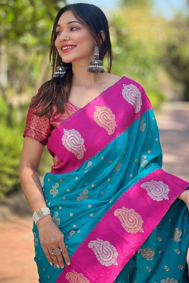 Blue Soft Silk Paithani Saree with rose gold motifs