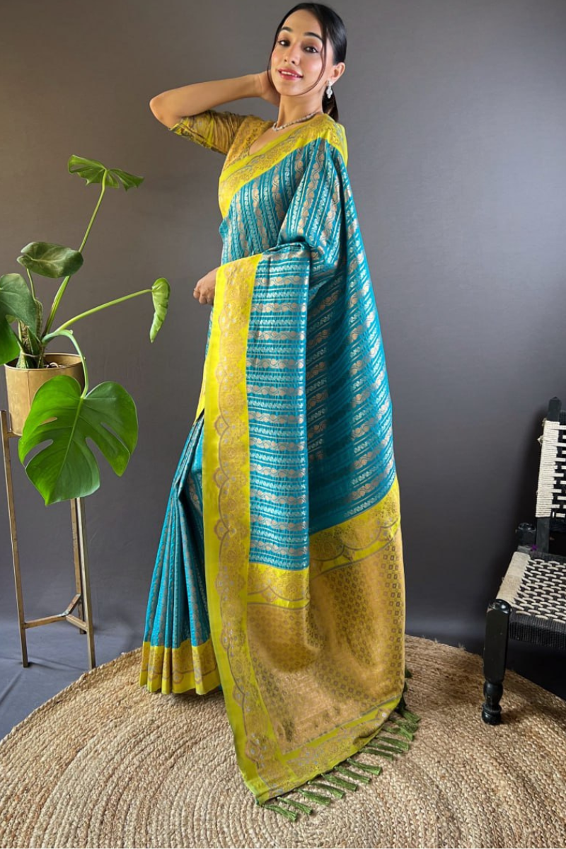 Sarees in blue soft silk with two original zari