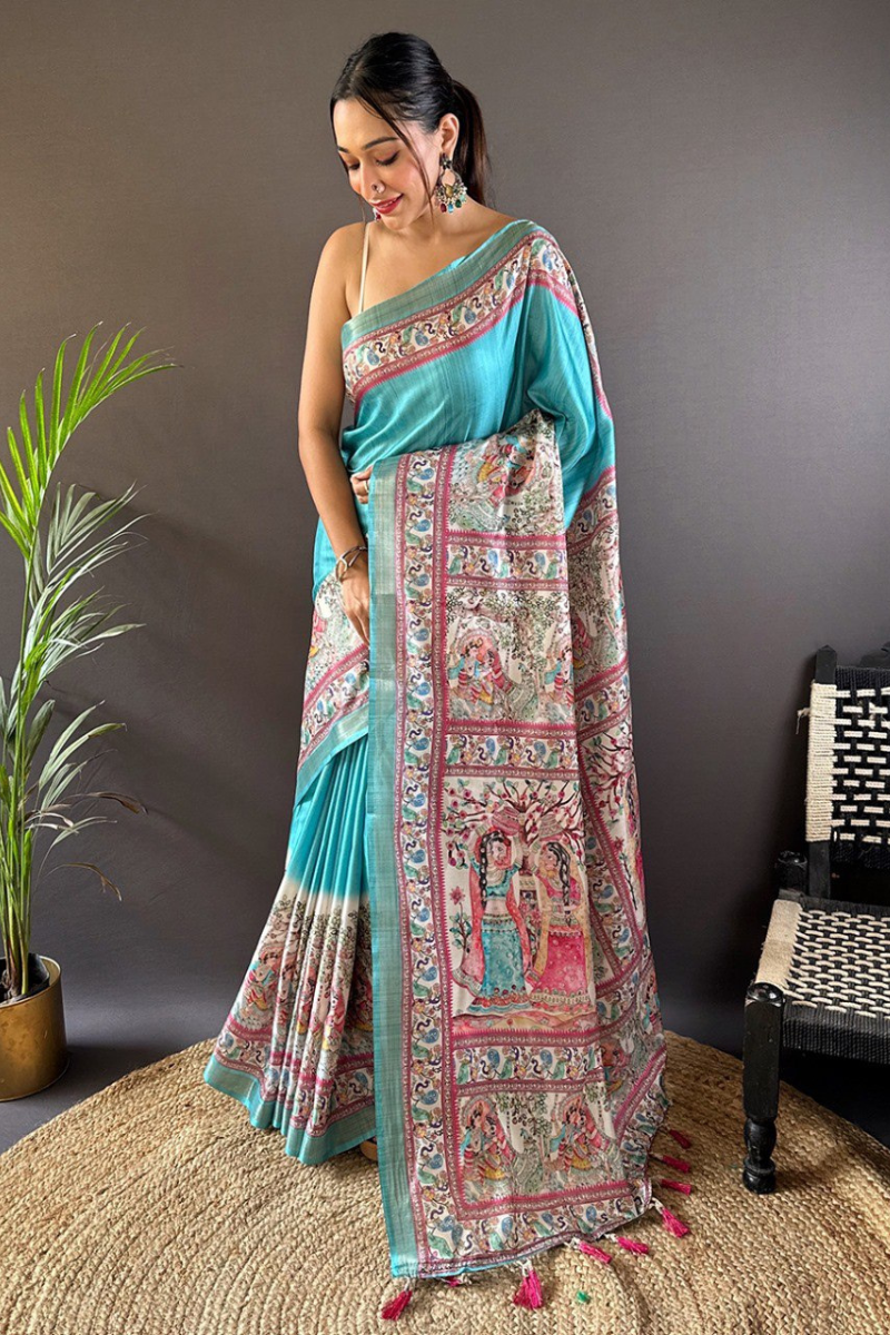 Sarees made of blue Tussar silk with Madhubani designs