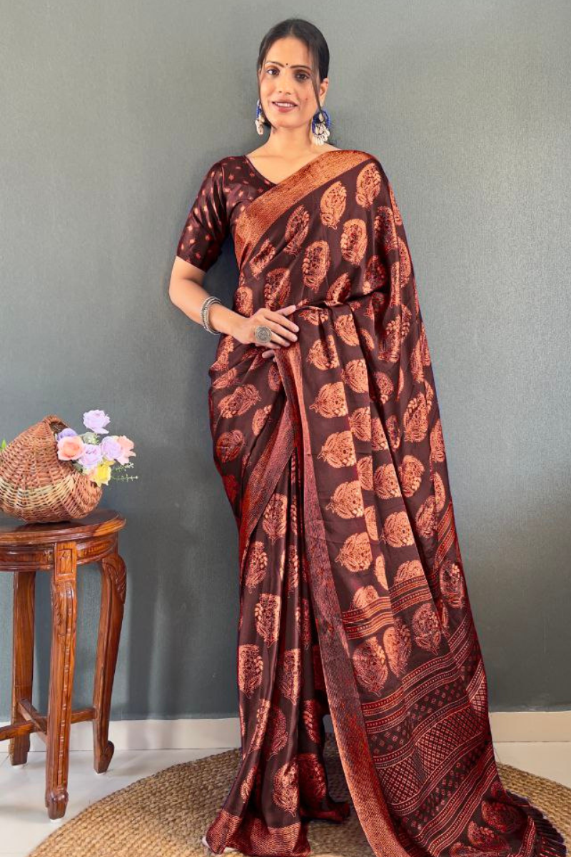 Patchwork Banarasi Saree in Brown Soft Moss Silk