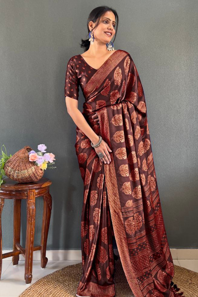 Patchwork Banarasi Saree in Brown Soft Moss Silk