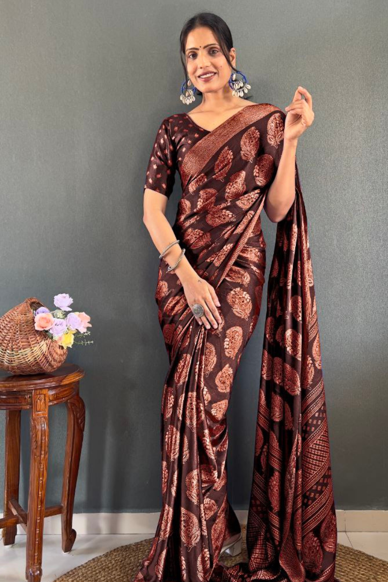 Patchwork Banarasi Saree in Brown Soft Moss Silk
