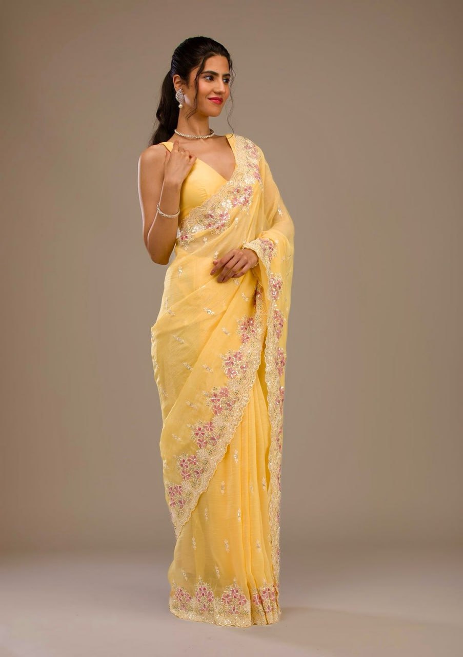 Yellow Premium Crunchy Saree Embroidered Thread Work