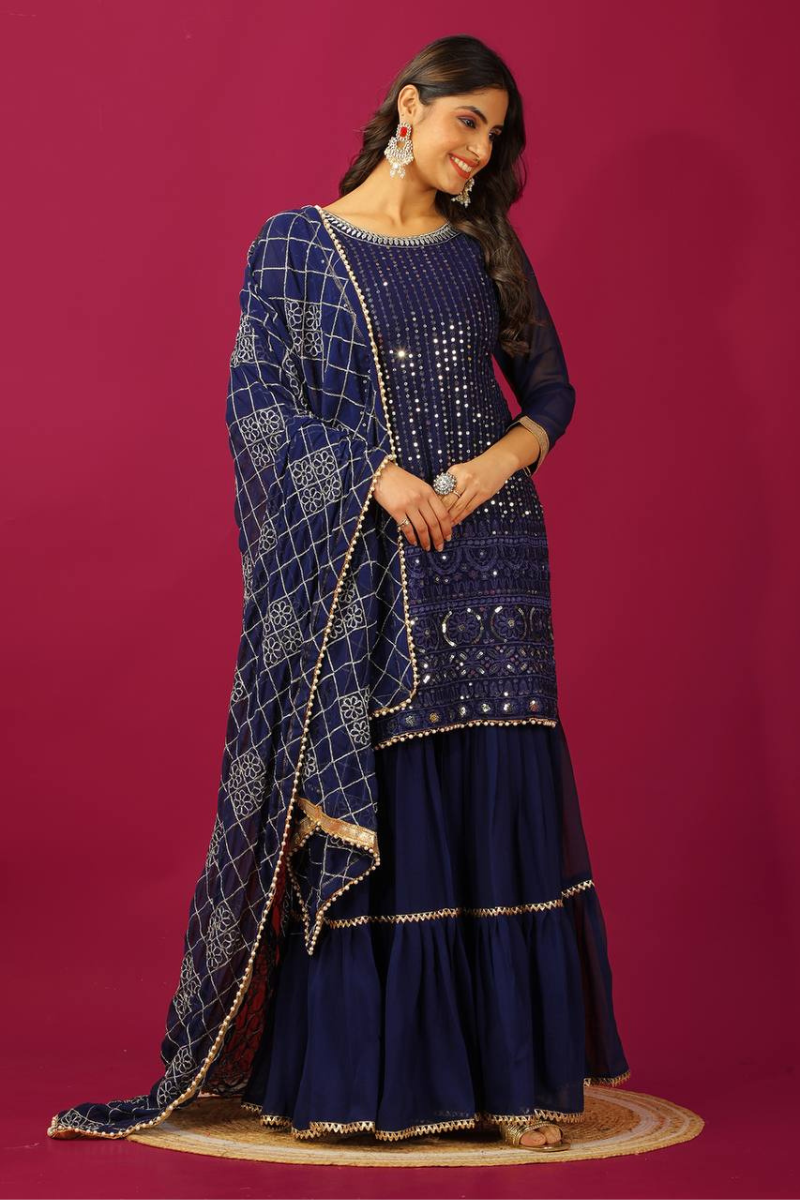 Three Pieces of Dark Blue Faux Georgette Embroidered Kurta Dupatta Suit Set