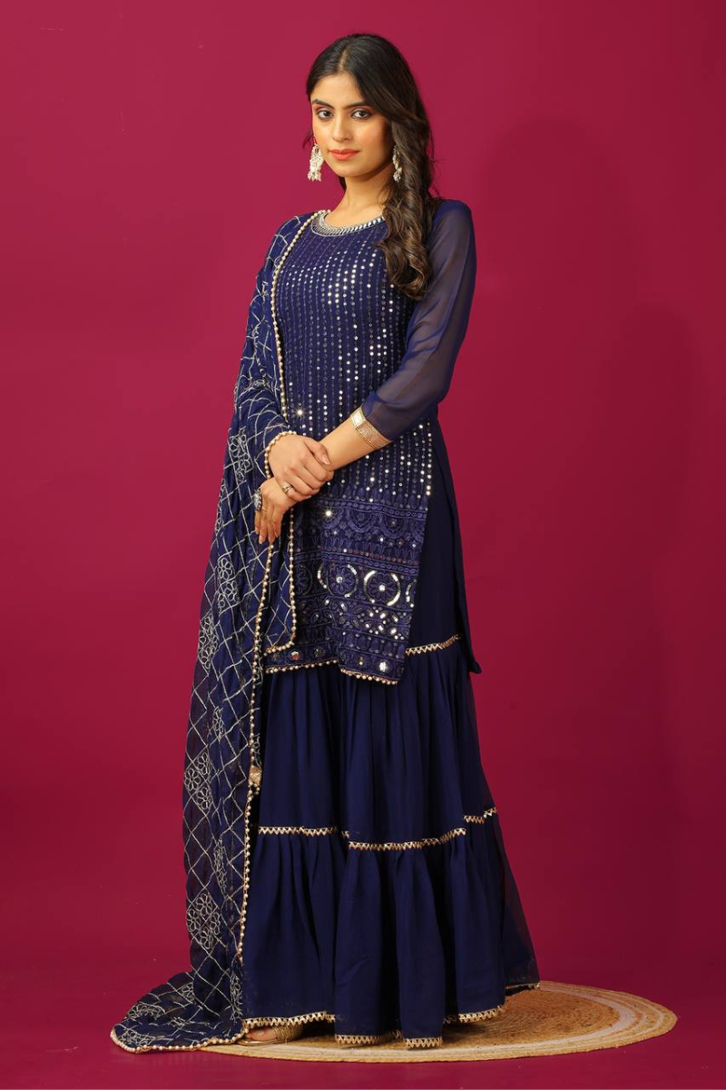 Three Pieces of Dark Blue Faux Georgette Embroidered Kurta Dupatta Suit Set