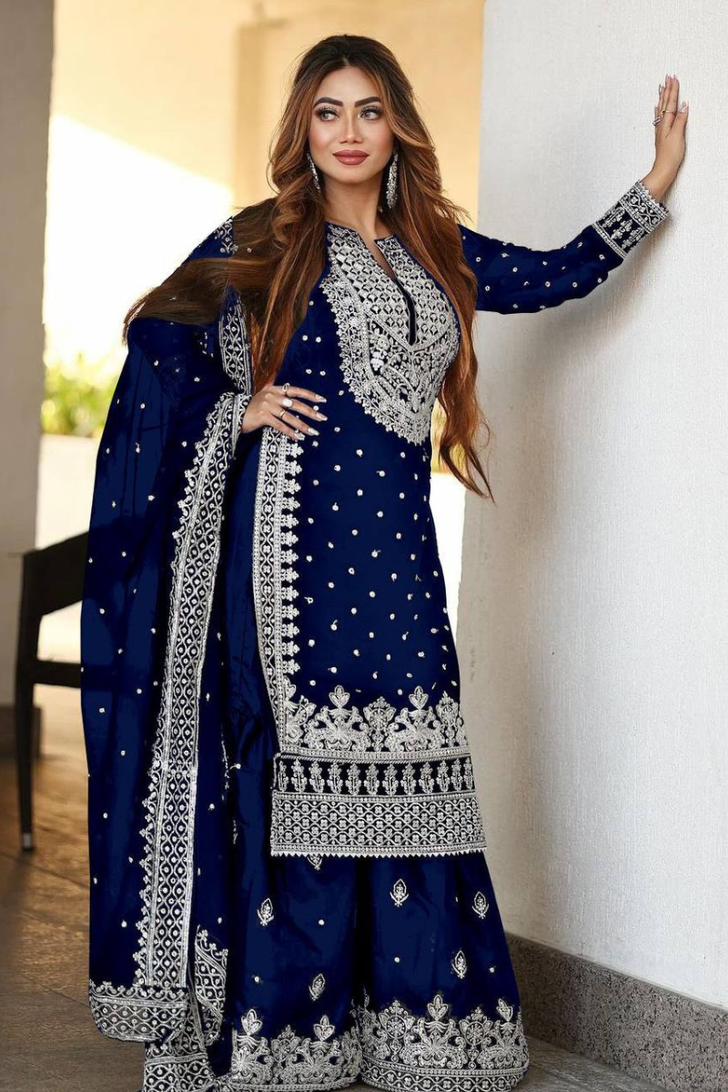 Dark Blue Heavy Faux Georgette Kurta Dupatta Sharara Suit Set