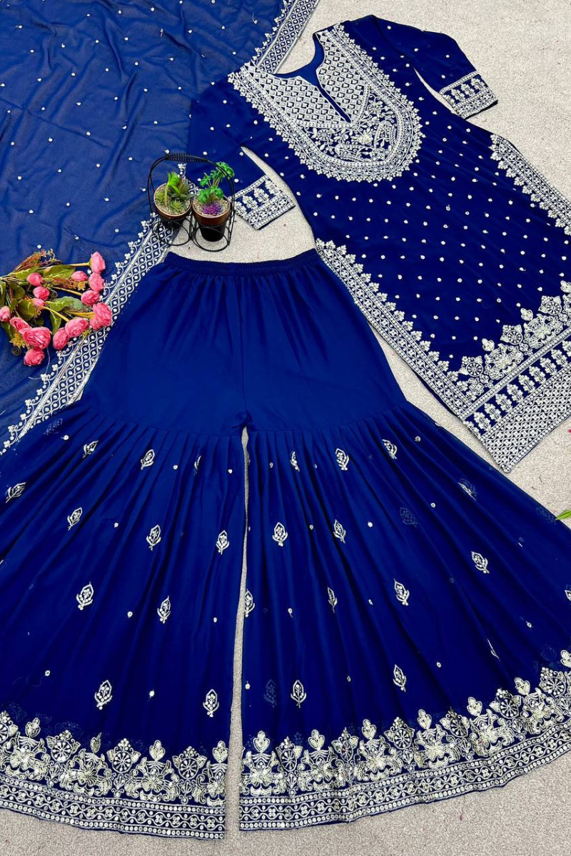 Dark Blue Heavy Faux Georgette Kurta Dupatta Sharara Suit Set